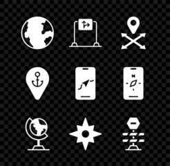 Set Earth globe, Road traffic sign, Location, Wind rose, barrier, with anchor and City map navigation icon. Vector