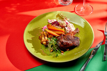 Fried chicken tapaka or tabaka with potatoes and sweet potato. Bright backgrounds. Hard shadows, selective focus.