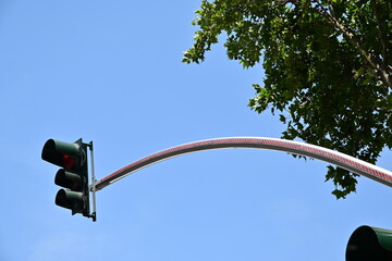 Rote Ampel mit roter LED-Leiste am Ampelpfosten mit blauem Himmel und grünem Baum in Tirana...