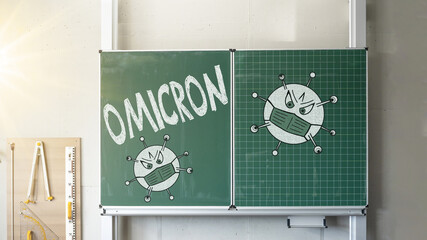 CORONAVIRUS - OMICRON background - School classroom with green chalkboard with virus symbol and...