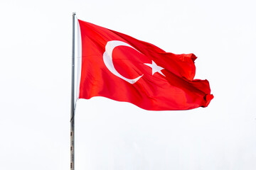 Turkish wavy flag on sky background - obrazy, fototapety, plakaty