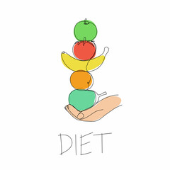 Vegetarian and raw food diet concept. Woman hand holding fresh fruits and vegetables. Flat vector illustration. Web design for banner, poster and card