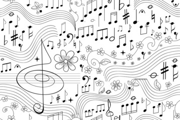Musical vector seamless pattern with the treble clef, notes and many other handwritten musical symbols