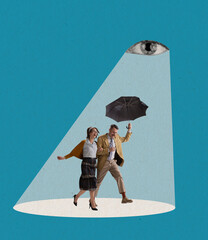 Contemporary art collage of man and woman going together with umbrella under someone else's gaze on blue background
