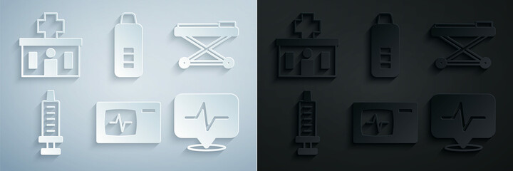 Set Monitor with cardiogram, Stretcher, Syringe, Heart rate, Digital thermometer and Hospital building icon. Vector