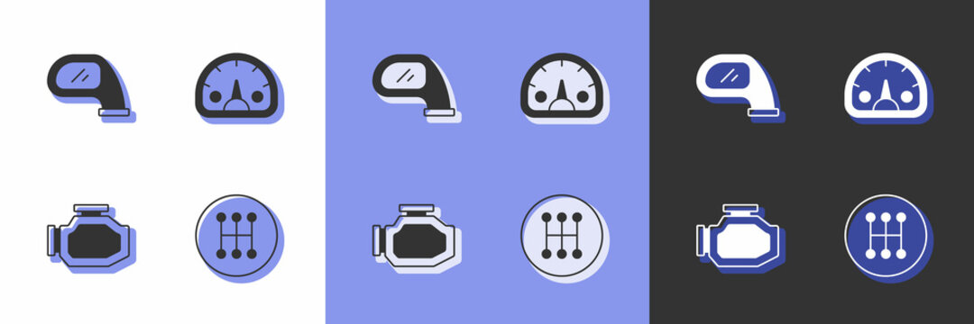 Set Gear shifter, Car mirror, Check engine and Speedometer icon. Vector
