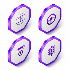 Set Isometric Gear shifter, Racing steering wheel, Medal and traffic light icon. Purple hexagon button. Vector