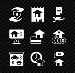 Set House with shield, contract, Online real estate, Time is money, dollar, and Credit card icon. Vector