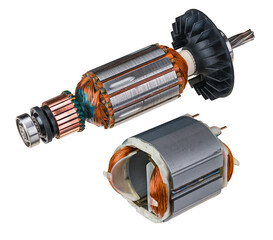 Electric DC motor stator and rotor with plastic fan isolated on a white background. Two engine...