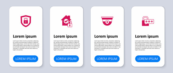 Set Cyber security, Security camera, House under protection and Shield with lock. Business infographic template. Vector