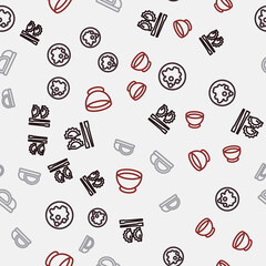 Set line Dumpling with chopsticks, Rice a bowl, Sushi and Soy sauce on seamless pattern. Vector