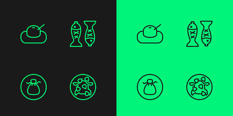 Set line Kung Pao chicken, Wonton, Mochi and Served fish plate icon. Vector