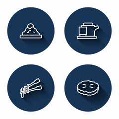 Set line Rice in a bowl, Traditional tea ceremony, Food chopsticks with noodles and Homemade pie with long shadow. Blue circle button. Vector