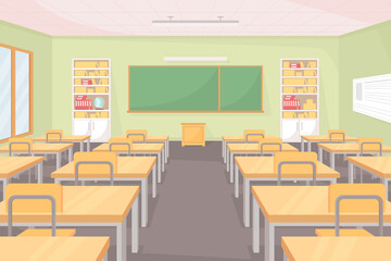 School classroom flat color vector illustration. Empty class with row of desks and chairs. Space for studying and teaching. Middle school room 2D cartoon interior with chalkboard on background - obrazy, fototapety, plakaty
