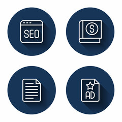 Set line SEO optimization, Financial book, File document and Advertising with long shadow. Blue circle button. Vector