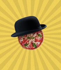 Composition with big italian pizza and derby hat isolated on bright yellow striped background. Contemporary art collage, modern design.