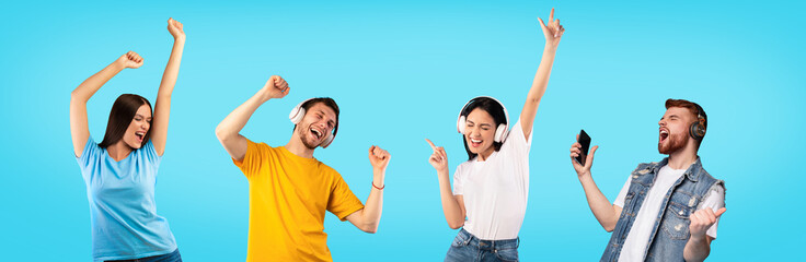 Collage of young people in headsets dancing, playing songs on smartphones, moving to good music on...