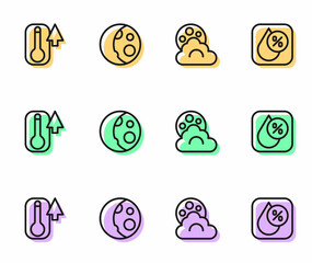 Set line Cloud with moon, Thermometer, Moon phases and Water drop percentage icon. Vector