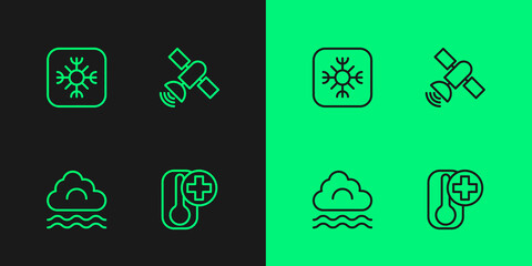 Set line Thermometer, Fog and cloud, Snowflake and Satellite icon. Vector