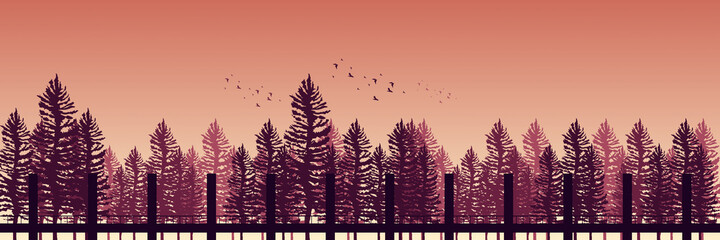 sunset forest landscape flat design vector good for wallpaper, background, backdrop, banner, web, and design template