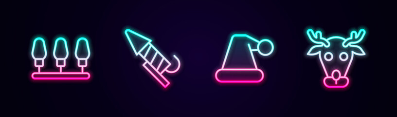 Set line Christmas lights, Firework rocket, Santa Claus hat and Reindeer. Glowing neon icon. Vector