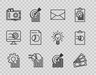Set line Pie chart infographic, Stacks paper money cash, Envelope, Safe and, Document with, Target coin symbol and Clipboard icon. Vector