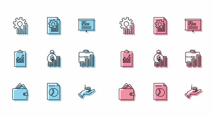 Set line Wallet with stacks paper money cash, Document graph chart, Pie infographic, Money hand, bag coin, Briefcase, Clipboard and icon. Vector