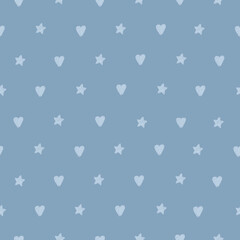 Tiny hearts and stars on a sky blue pattern. Simple seamless pattern. Scrapbook paper texture. Patchwork fabric print.