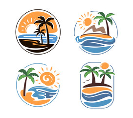 Palm sea beach logo. Summer holidays design labels, badges, emblem set