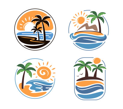 Palm Sea Beach Logo. Summer Holidays Design Labels, Badges, Emblem Set