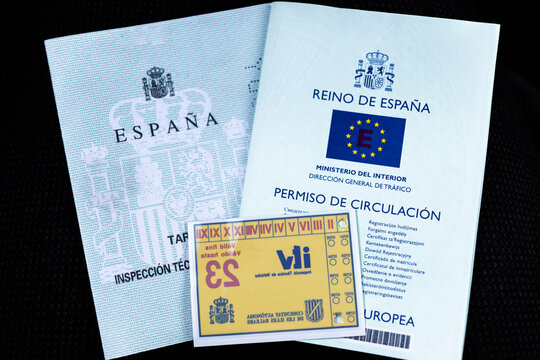 Palma, Mallorca, Spain; January 19th of 2022. ITV adhesive sticker to be placed on the windshield of the car. Permission for vehicles to circulate on the street. Annual mandatory car inspection.