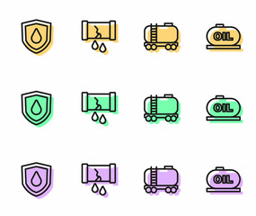 Set line Oil railway cistern, drop on shield, Broken oil pipe with valve and tank storage icon. Vector