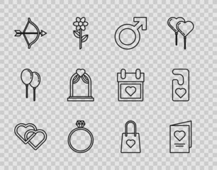 Set line Two Linked Hearts, Valentines day party flyer with heart, Male gender symbol, Diamond engagement ring, Bow and arrow, Wedding arch, Shopping bag and Please do not disturb icon. Vector