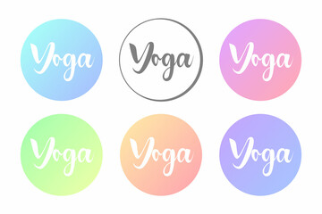 YOGA set logo icons vector brush calligraphy lettering. Flat and gradient collection