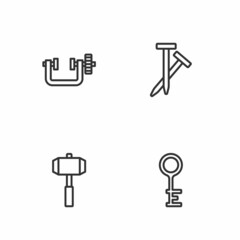 Set line Old key, Sledgehammer, Clamp and screw tool and Metallic nails icon. Vector