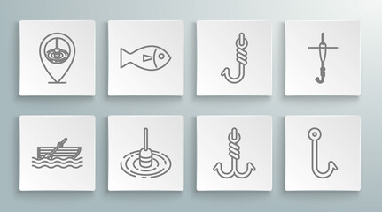 Set line Fishing boat with oars on water, float, hook, and and Location fishing icon. Vector