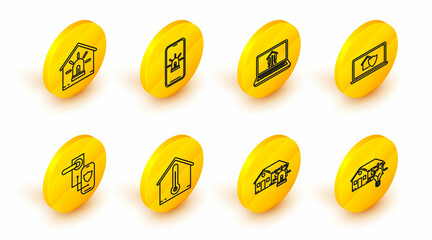 Set line Smart house and light bulb, alarm, House temperature, Digital door lock with wireless technology for lock, Laptop under protection, smart home, Mobile phone and icon. Vector