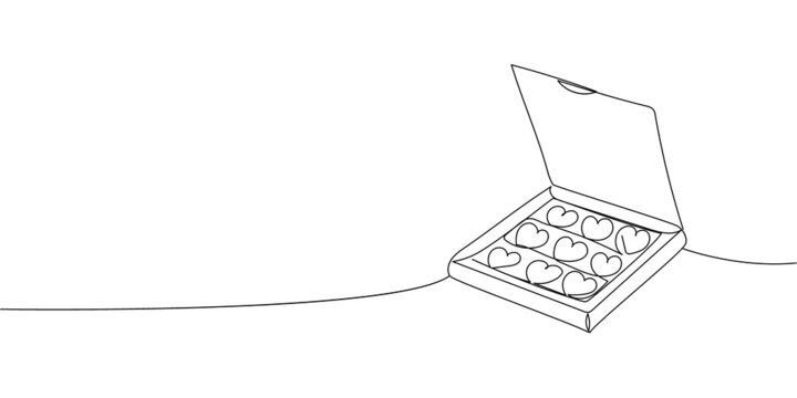 recommend clip art: Box with chocolate continuous line drawing. One line art of decoration, sweets,cupcakes, muffin, chocolate, gift, romance, March 8, birthday, valentine s day, relationship, love.