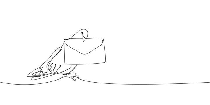 Dove With Letter Continuous Line Drawing. One Line Art Of Romance, Love, Feelings, Mail, Delivery, Bird, Correspondence.