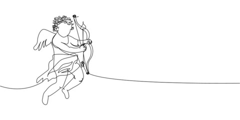 Cupid with bow continuous line drawing. One line art of love, relationship, lovers, wings, fly, feelings, angel, cupid, protector of lovers, symbolism, valentine. - obrazy, fototapety, plakaty