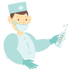 The doctor holds a syringe with a vaccine in his hands. Medical medicine. Scheduled vaccination. A doctor in a blue coat with a syringe in his hands. Isolated. Vector