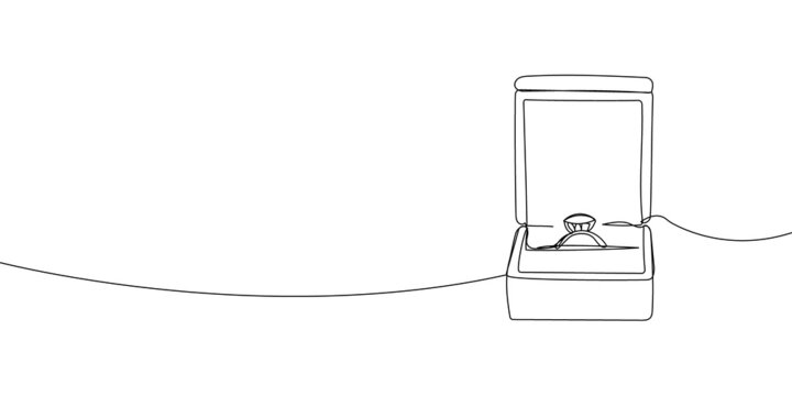 Engagement Ring In A Square Box Continuous Line Drawing. One Line Art Of Love, Wedding Rings, Marriage, Diamond, Accessory, Jewel, Union Of Hearts, Classic, Romance.