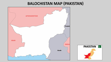 Balochistan Map. Political map of Balochistan. Balochistan Map of Pakistan with neighboring countries and borders.