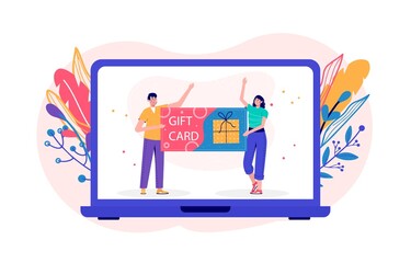 Obraz premium Seasonal discount website sale banner with people holding shopping bag. Promotion of online store loyalty program, bonus, reward, discount card, coupon or voucher. Modern flat vector for advertisement