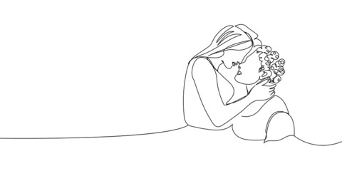 Couple in love continuous line drawing. One line art of kissing, hugging, love, dating, engaged romance, March 8, birthday, valentine s day, relationship, girlfriend, boyfriend, love.
