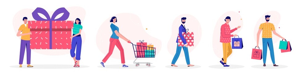 Banner with people with people holding shopping bag for a great Christmas sale. Men and women are buying gifts. Vector illustration in cartoon trendy style.vector for advertisement, coupon or voucher - 481369388