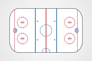 Vector illustration of ice hockey rink. Top view of indoor ice rink. Professional hockey background design with circles, lines and net. Active winter recreation arena