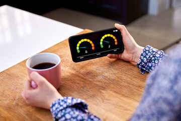 Close Up Of Woman Holding Smart Energy Meter In Kitchen Measuring Domestic Electricity And Gas Use