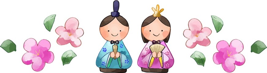 おひなさまとおだいりさま 水彩風セット 桃の花
