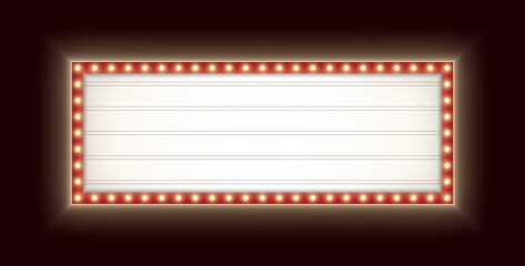 Retro lightbox with light bulbs isolated on a dark background. Vintage theater signboard mockup.